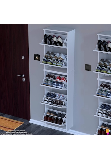 Modilayn Verve Asma Kapı Önü 52x194x26 Cm Lik 3 Düşer Kapak 10 Göz Bölmeli Ayakkabılık Meşe - Beyaz