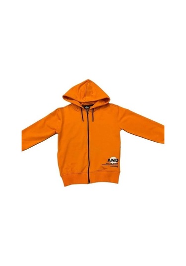Erkek Çocuk Kapüşonlu Fermuarlı Pamuklu Hırka-15355 Turuncu