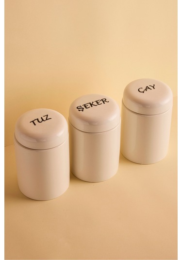 Heybeli 3'lü Porselen Kapaklı Yuvarlak Formlu Ergonomik Kavanoz Takımı Beyaz Beyaz