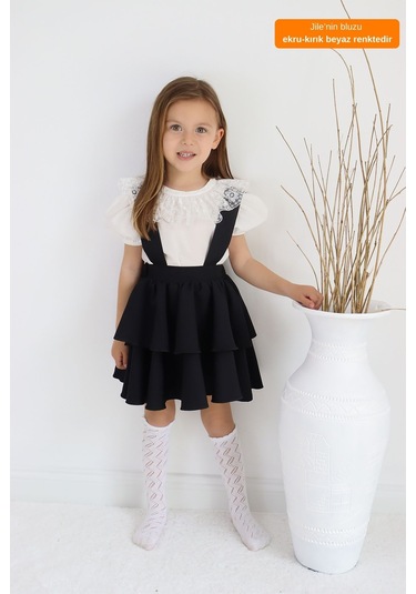 Kız Çocuk Helen Siyah Askılı Kat Kat Bağlama Jile Elbise Dantel Detay Ekru Kısa Kollu Bluz Takım
