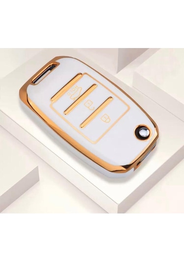Lüx Kia Sorento Sportage Picanto Uyumlu Cerato Soul Rio Ceed 3 Buton Anahtar Kılıfı Beyaz Gold Renk