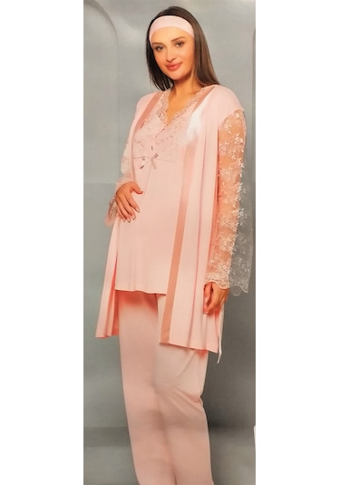 Flz Pijama 3'lü Dantelli Lohusa Pijama Takımı Pudra