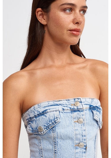 Dilvin 90524 Eteği Dikişsiz Kloş Denim Elbise-Mavi