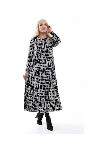 Kadın Büyük Beden Yumuşak Dokulu Siyah Beyaz Desen Elbise Siyah