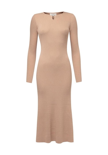 Styleboom X Peraluna Dorset Dress Toka Detaylı Ribana Örgü Midi Kadın Triko Elbise - Camel-camel