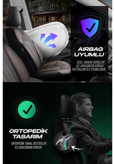 Siyah - Kahve Panda Carlone Serisi Ful Deri Oto Koltuk Kılıfı - Tam Set