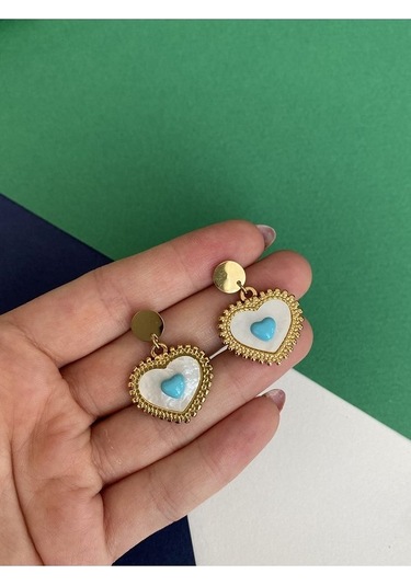 Firuze Taşlı Mineli Kalp Çelik Kararmaz Küpe Çifti Altın