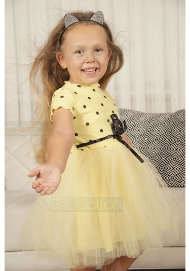 Puantiyeli Kız Çocuk Kısa Kollu Doğum Günü Ve Özel Günler İçin Tüllü Elbise Kısakol-sarı Sarı