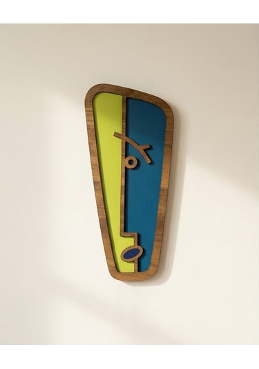 Modern Picasso Tarzı Ahşap Duvar Mask Mdf - Mavi Yeşil Soyut Geometrik Yüz Dekoru 1