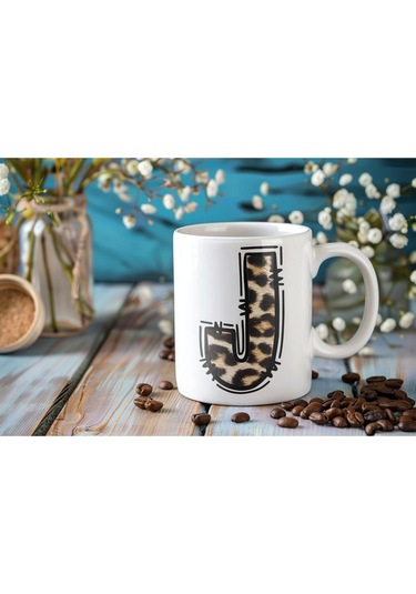 J Baş Harf Leopar Desenli Kupa Bardak - Kişiye Özel Feminen Konsept Hediye - Vahşi Hayvan Desenli Beyaz
