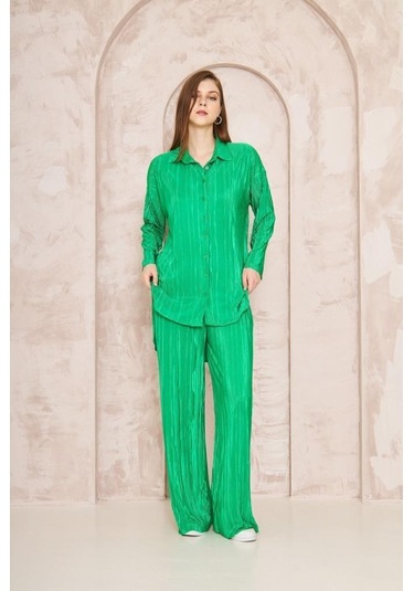 Kadın Pliseli Beli Lastikli Pantolon Tunik Gömlek Ikili Bürümcük Salaş Takım 3573300 Yeşil