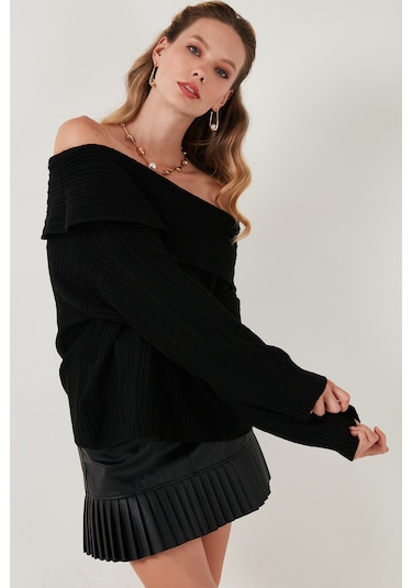 Lela Oversize Fit Madonna Yaka Triko Bayan Kazak 4615216 Siyah