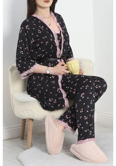 Seka Milan Kumaş Üçlü Pijama Takımı Siyahçiçekli - 50147.1857. Çok Renkli
