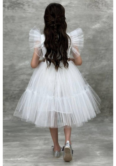 Ricctarz Kız Çocuk Gömlek Yaka Göğsü Ve Kolları Tül Detaylı Wednesday Beyaz Elbise Beyaz