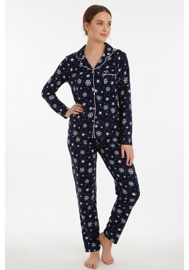 Luxury Soft Lacivert Kar Tanesi Desenli Uzun Kollu Kadın Pijama Takımı 3059 Lacivert