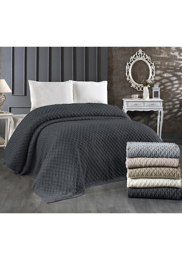 Akrilik Örgü Battaniye Çift Kişilik 220 X 240 Cm Yatak Örtüsü Pike Poly Antrasit