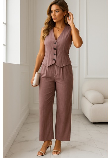 Sensuelle Kadın Sıfır Kollu Düğmeli Yelek Ve Pantolon Bürümcük Ikili Takım Pembe