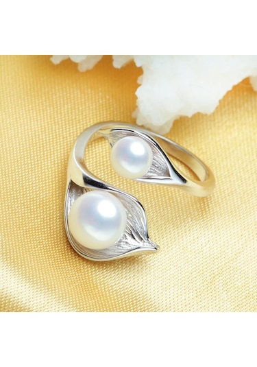 Beyaz Lsooyh Moda Yaprak Tasarım Çift İnci Yüzük Doğal Tatlı Su Inci Yüzükler Kadınlar Için Beyaz
