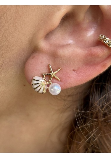 Bymerve Bym531 Çift Midye Model Mini İncili ve Taşlı Kadın Çelik Küpe Gold