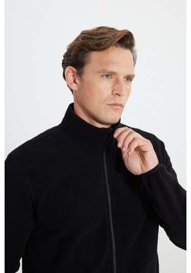 AC&Co / Altınyıldız Classics 4A5221100014SYH3XL Standart Fit Fermuarlı Bato Yaka Polar Erkek Ceket Siyah