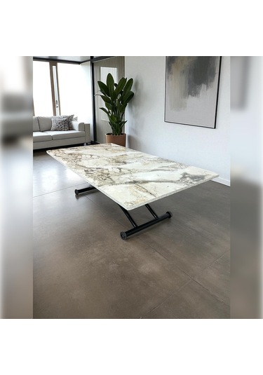 Ortadan Açılır Akıllı Masa Üst Mdf Beyaz Mermer Alt Ayak Siyah