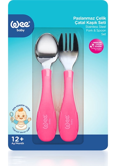 Wee Baby Paslanmaz Çelik Kaşık Çatal Seti Pembe