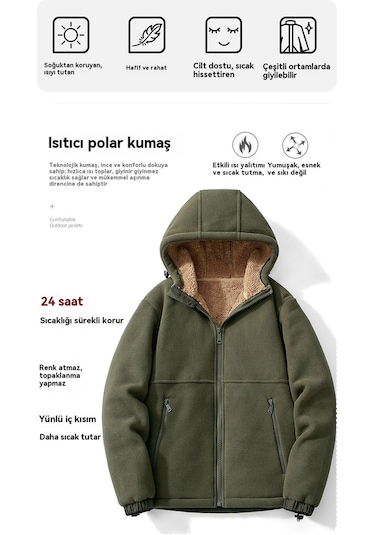 Erkek Sonbahar Ve Kış Kapşonlu Kuzu Derisi Kalın Sıcak Ceket Haki