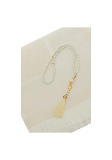 Şantuk Keseli Tafta Seccade Ve İnci Vavlı Tesbih Set , Taşınabilir Namaz Seti Krem