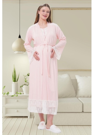 Mecit Pijama Mecit 6204 Bayan Pembe Hamile Lohusa Sabahlık Gecelik Takım