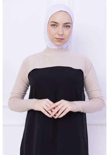 Balıkçı Yaka Boyunluklu Kolluk Bej - Likralı Dik Yakalı Kadın Body Tesettür Crop Bolero Bej