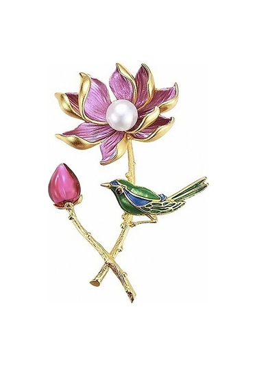 Solfera Pembe Lotus Çiçeği Daldaki Kuş Renkli Metal Broş Rz192