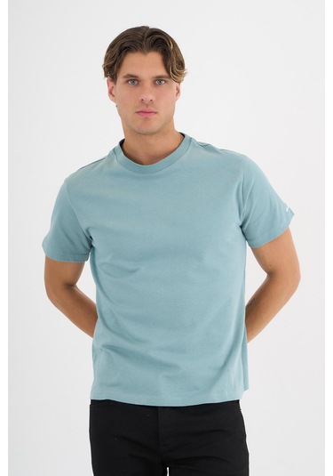 Erkek Yeşil %100 Pamuklu Standart Kalıp T-shirt Siyah