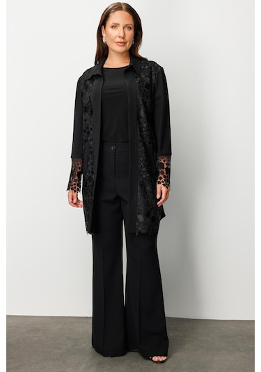 Moda İlgi Kadın Büyük Beden Önü Güpür Dantelli Tunik 0256 Siyah Siyah
