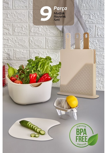 9'lu Mutfak Hazırlık Seti - Standlı Kulplu Kesme Tahtası Karıştırma Kabı Kase Süzgeç Limon Sıkacağı Bej