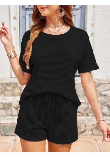 Munn Collection Kadın Kısa Kollu Bisiklet Yaka Alt Ve Üst Waffle Ikili Takım Siyah