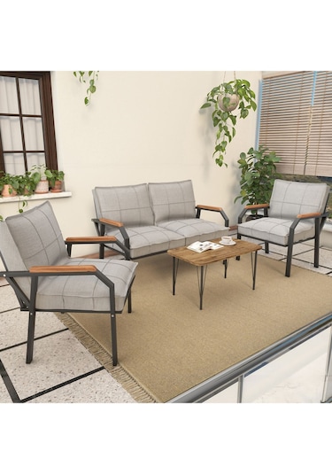 Mygusi Hayal Balkon, Bahçe, Cafe - Metal Kanepe Koltuk Takımı 2+1+1 Sehaplı Açık Gri