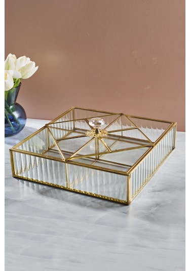 Std-gio Kare Bölmeli Cam Sunumluk Tepsi 25 X 6 Cm Gold Gold