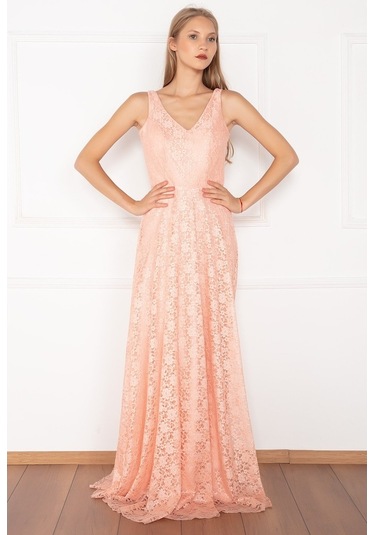 Kalopya V Yaka Dantel Uzun Abiye Elbise 13103 Pudra