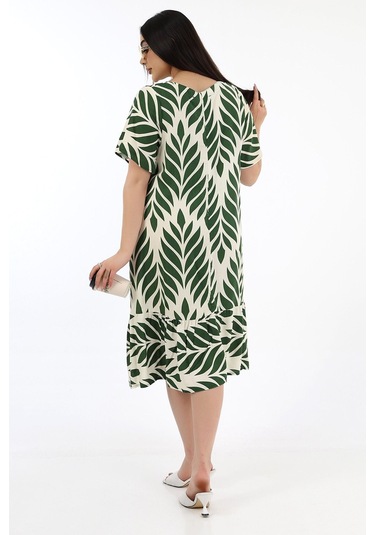 Kadın Viskon Yarım Kol V Yaka Fırfırlı Elbise Haki Haki