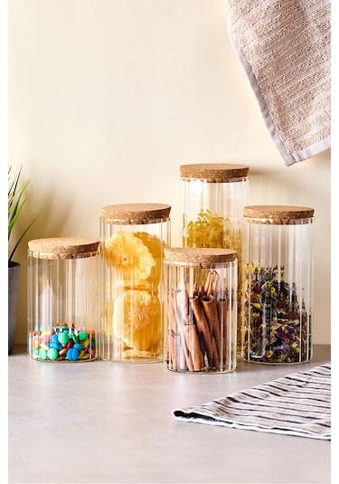 Cork Line 5'li Borosilikat Cam Kavanoz Seti Mantar Kapaklı 600-800-1000 Ml Seffaf Şeffaf