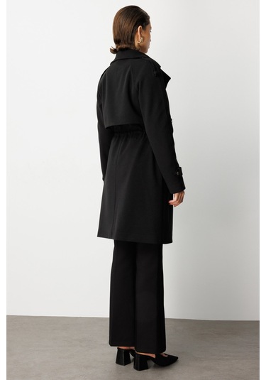 Ekol Kadın Beli Bağcıklı Apoletli Kaban 6037 Siyah Siyah