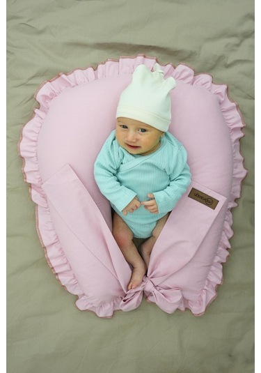 Mordesign Fırfırlı Emzirme Yastığı, Bebek Destek Minderi, Hamile Yastığı, Pamuk Kumaş, Ruffle Seri, Pudra Zg10201