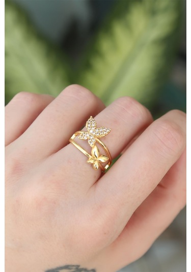 Pirinç Gold Renk Ayarlanabilir Zirkon Taşlı Kelebek Yüzük - Ebj240608w24867 Bakır