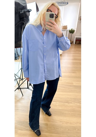 Modaonna Mavi Oversize Kalıp Poplin Gömlek Mavi