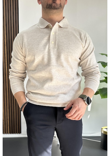 Erkek Düğmeli Polo Yaka Kazak Bej Edw231 Bej