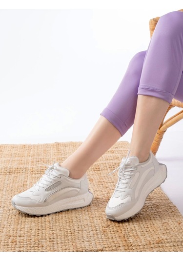 F-307 Beyaz Bağcıklı Saten Taş Aksesuarlı Günlük Spor Ayakkabı Beyaz