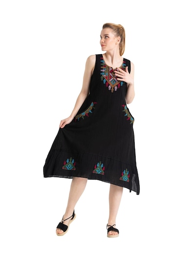 Kolsuz Şile Bezi Antik Nakışlı Midi Boy Elbise Siyah Syh-siyah