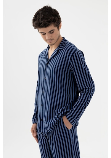 Erkek Mavi Çizgili Pamuklu Kombinli Gömlek Yaka Pijama Takımı Ko6302pj-1 Mavi