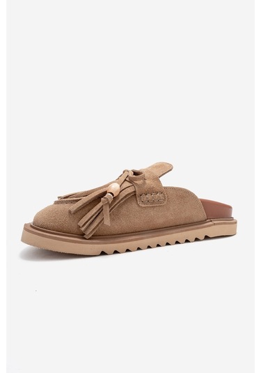 Carol Toprak Süet Püsküllü Hakiki Deri Kadın Burnu Kapalı Terlik Toprak