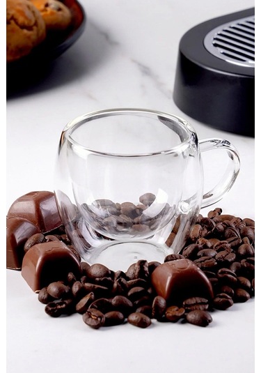 Çift Camlı Çift Cidarlı Cam Kupa 250 Ml Ev Ofis Fincanı Çift Katlı Isı Yalıtımlı Kulplu Cam Bardak